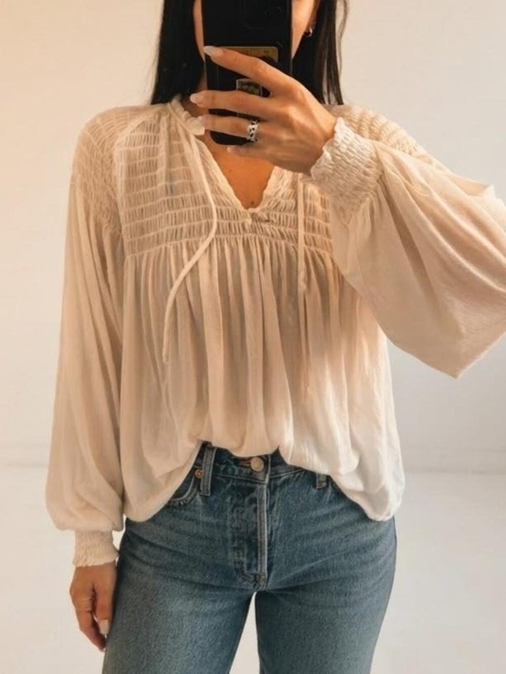 Denim & Supply Ralph Lauren Women's New Cream Smocked Peasant Top Size S